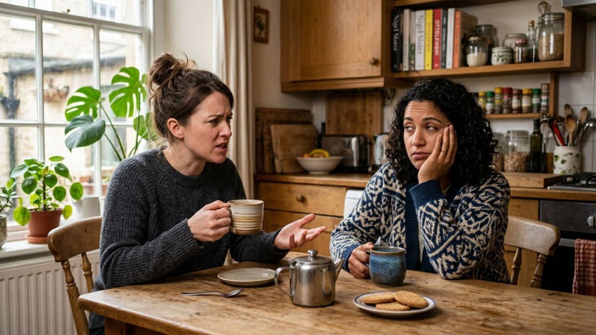 Two people bonding over a shared complaint Caption: We use gripes to build social bridges.