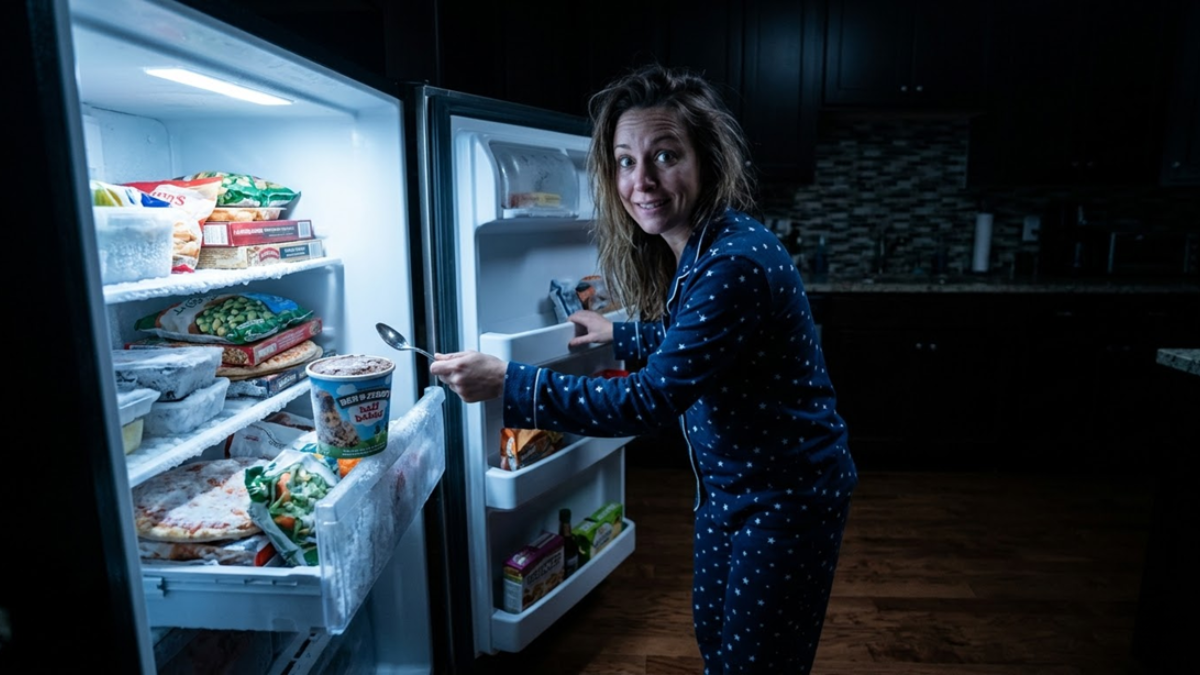 Person eating ice cream from freezer at night experiencing hedonic hunger not physical hunger