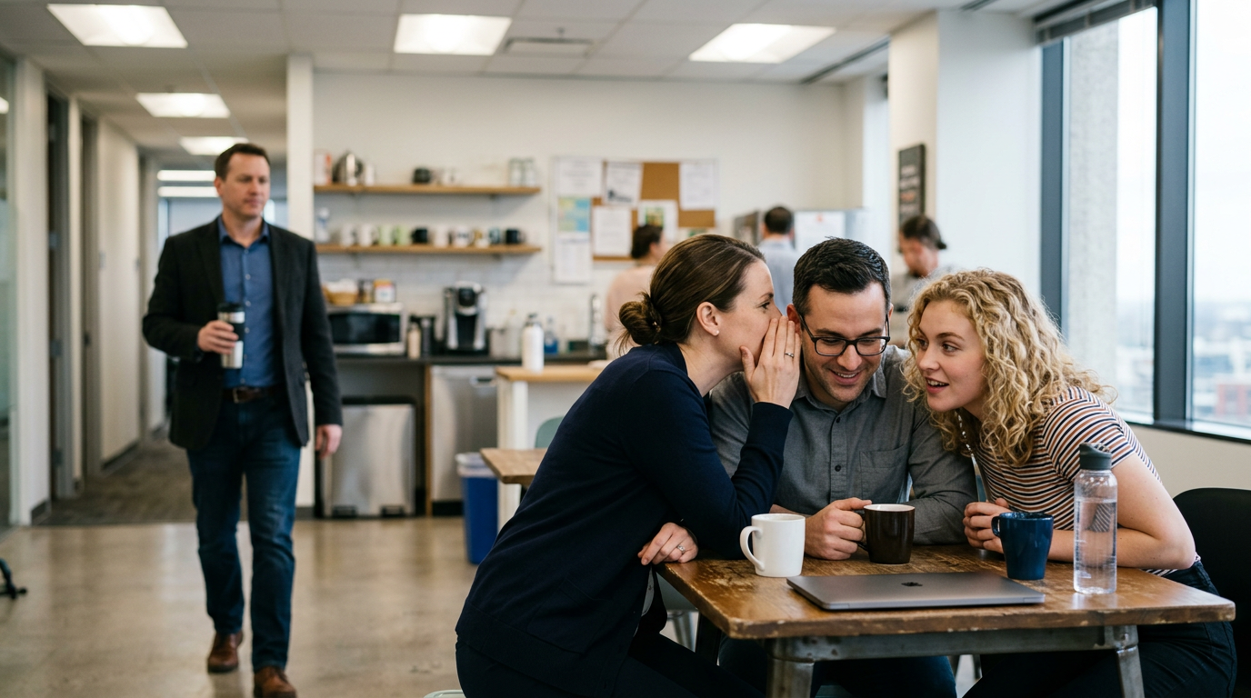Coworkers whispering and gossiping in the cafeteria