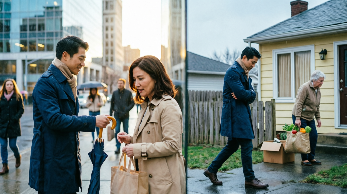 A person being kind to a stranger while ignoring a neighbor