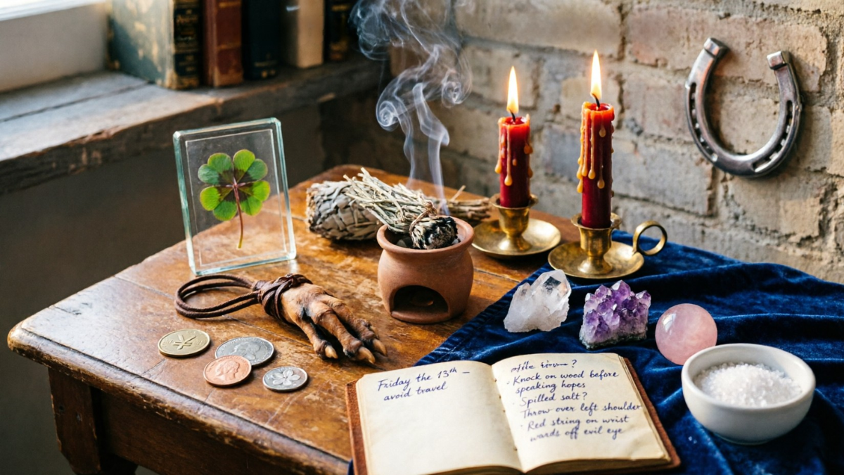 AN IMAGE SHOWING ITEMS TO PEFORM SUPERSTITIOUS RITUALS FOR LUCK