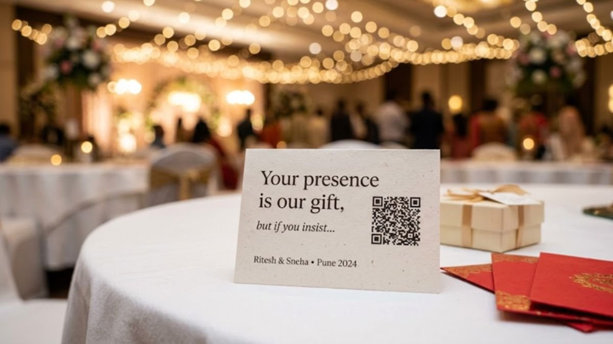 Wedding gift table with QR code card and red envelopes at Indian reception Caption: Cash and digital transfers have overtaken physical gifts at urban Indian weddings. The QR code on the gift table is now completely normal.
