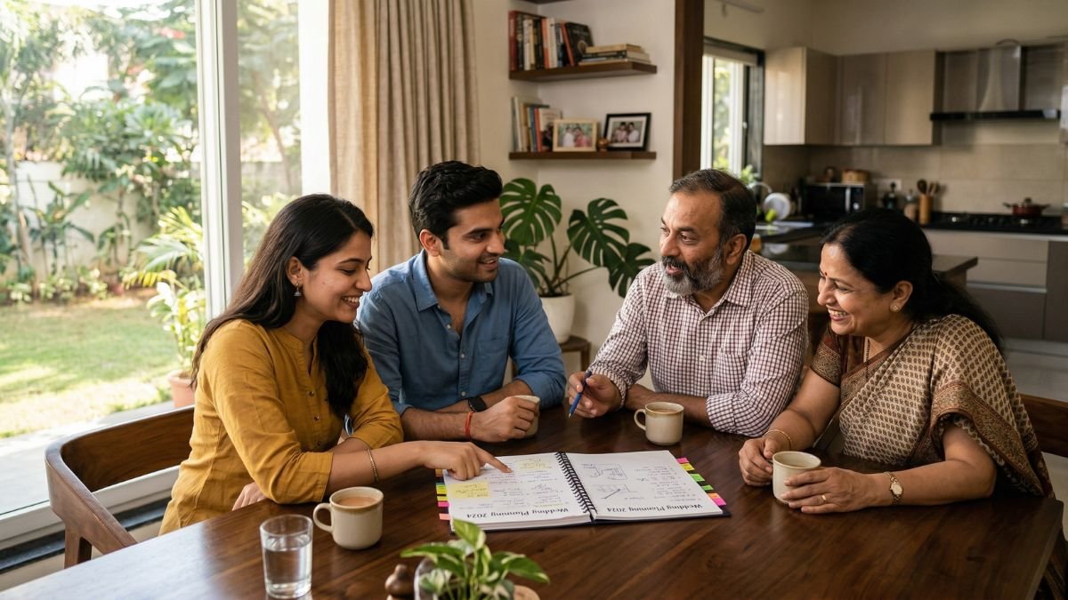 Young Indian couple and parents discussing wedding plans together at home Caption: Today's couples are co-authors of their weddings, not just participants in a family production.