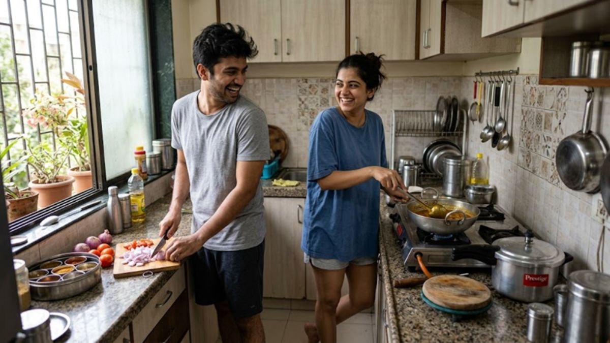 Young Indian couple in shared apartment kitchen in urban Indian city Caption: Urban Indian couples increasingly live together before the wedding, even as most families quietly accept what they won't officially say out loud