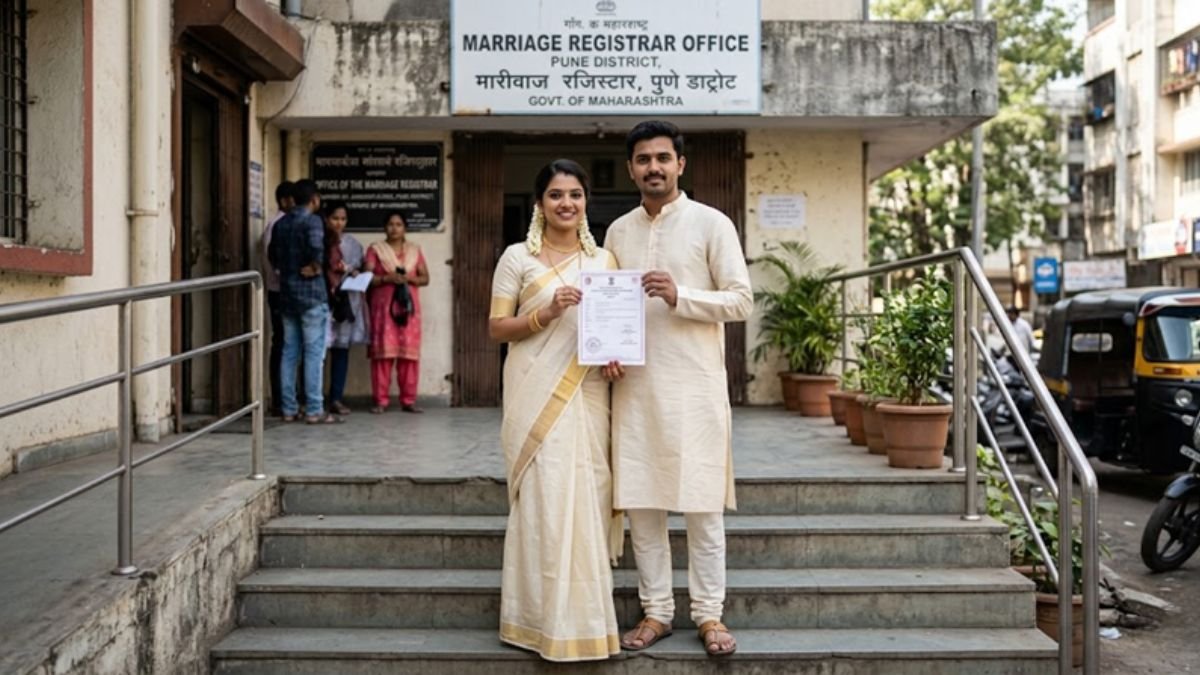 Young inter-caste Indian couple holding marriage certificate outside registrar office Caption: More Indian couples are choosing each other across caste and community lines, and more families are ultimately accepting it.