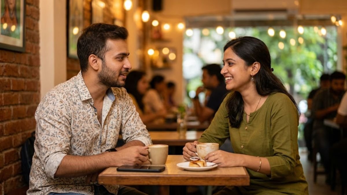 Young Indian couple on first date at Mumbai cafe after meeting on matrimonial app Caption: Meeting through Shaadi.com, BharatMatrimony, or even Bumble is now one of the most common ways Indian couples start their story.